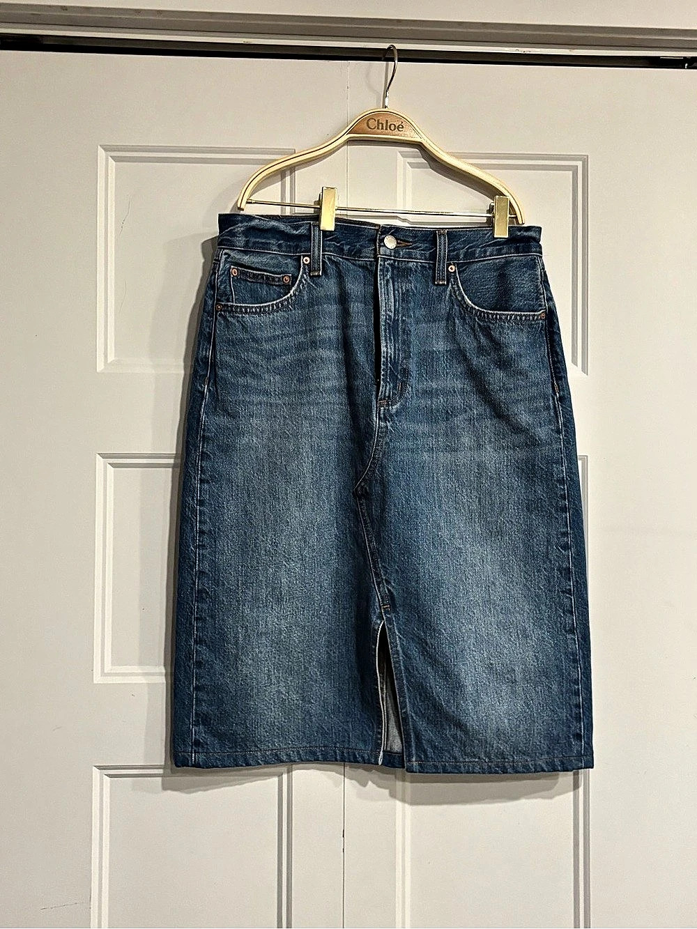 Denim Forum The '90s Vintage Halle Denim Skirt Denim Midi Skirt in Blue size 28
